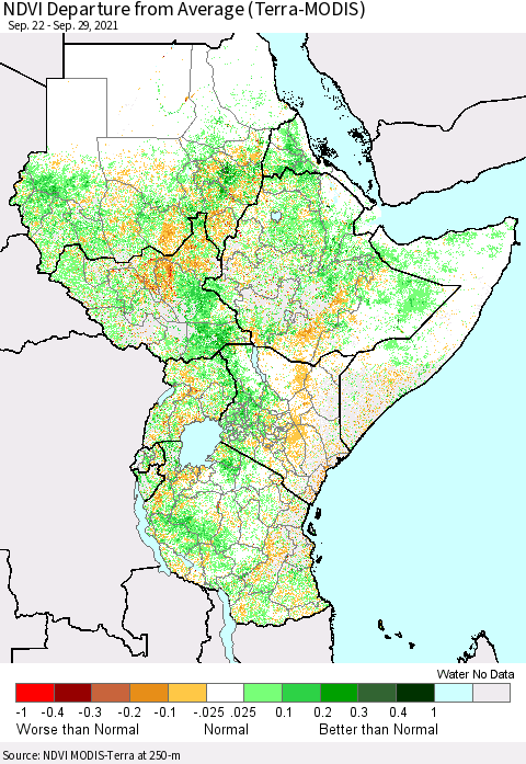 Eastern Africa NDVI Departure from Average (Terra-MODIS) Thematic Map For 9/22/2021 - 9/29/2021