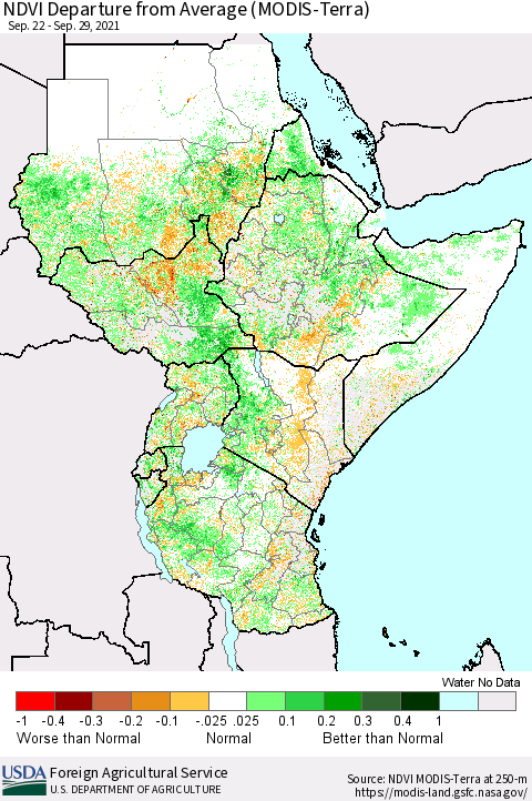 Eastern Africa NDVI Departure from Average (Terra-MODIS) Thematic Map For 9/21/2021 - 9/30/2021