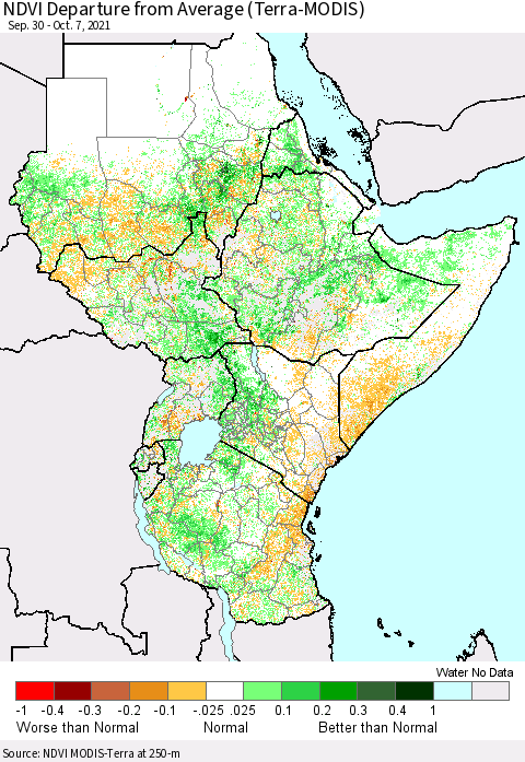 Eastern Africa NDVI Departure from Average (Terra-MODIS) Thematic Map For 9/30/2021 - 10/7/2021
