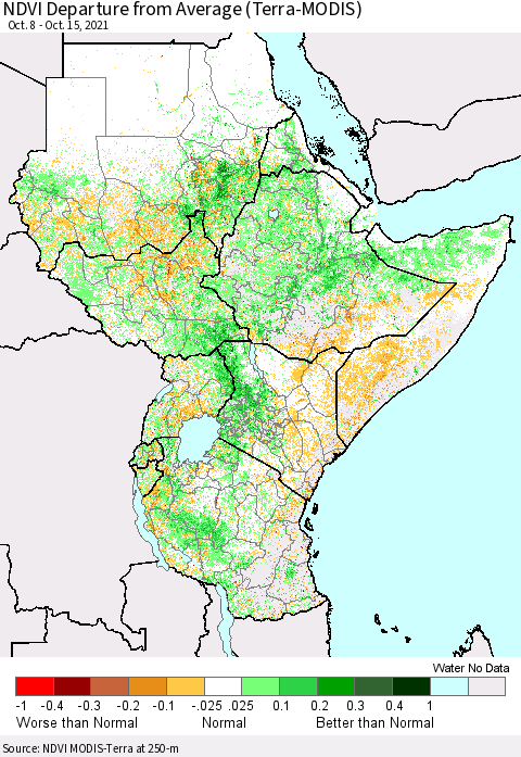 Eastern Africa NDVI Departure from Average (Terra-MODIS) Thematic Map For 10/8/2021 - 10/15/2021