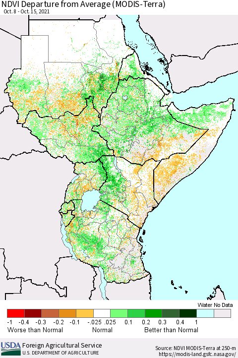Eastern Africa NDVI Departure from Average (MODIS-Terra) Thematic Map For 10/11/2021 - 10/20/2021