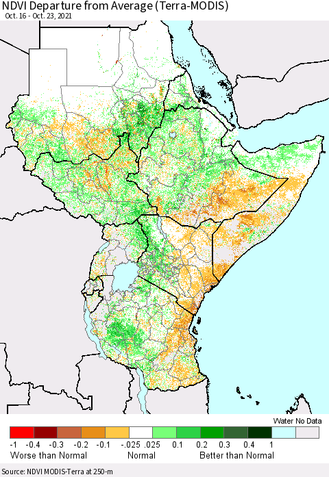Eastern Africa NDVI Departure from Average (Terra-MODIS) Thematic Map For 10/16/2021 - 10/23/2021