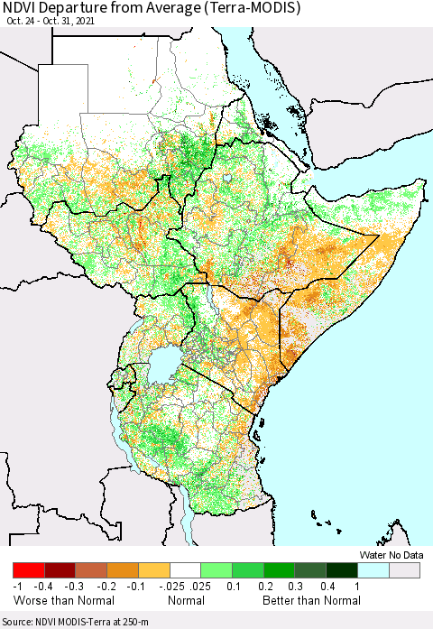 Eastern Africa NDVI Departure from Average (MODIS-Terra) Thematic Map For 10/21/2021 - 10/31/2021