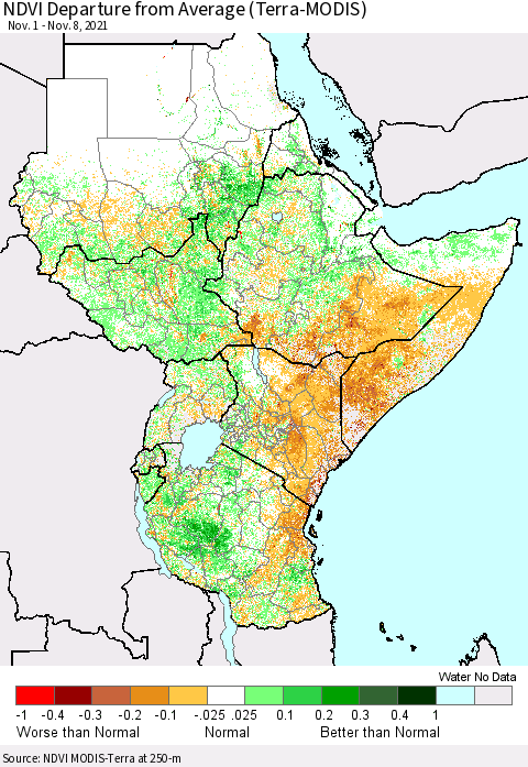 Eastern Africa NDVI Departure from Average (Terra-MODIS) Thematic Map For 11/1/2021 - 11/8/2021