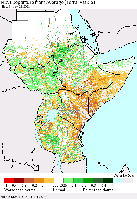Eastern Africa NDVI Departure from Average (Terra-MODIS) Thematic Map For 11/9/2021 - 11/16/2021