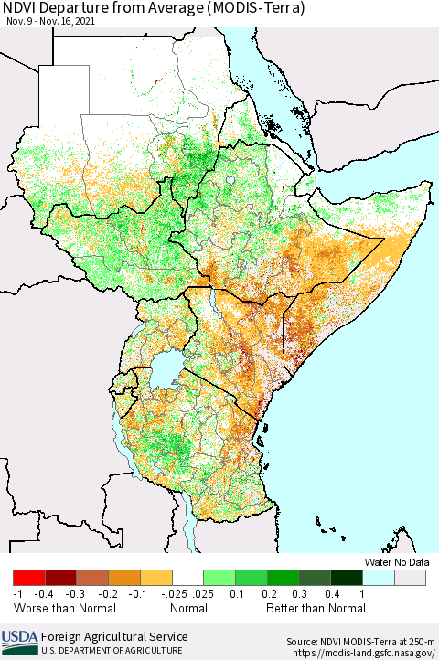 Eastern Africa NDVI Departure from Average (Terra-MODIS) Thematic Map For 11/11/2021 - 11/20/2021