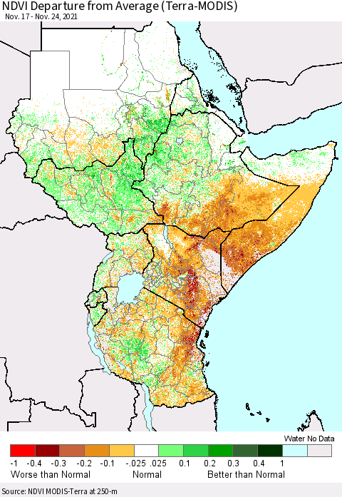 Eastern Africa NDVI Departure from Average (Terra-MODIS) Thematic Map For 11/17/2021 - 11/24/2021