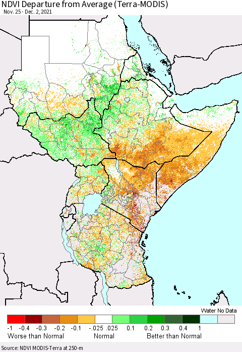Eastern Africa NDVI Departure from Average (Terra-MODIS) Thematic Map For 11/25/2021 - 12/2/2021
