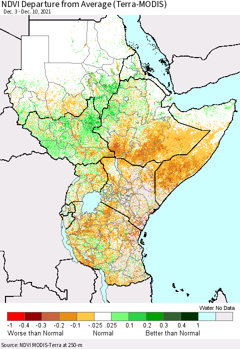 Eastern Africa NDVI Departure from Average (Terra-MODIS) Thematic Map For 12/1/2021 - 12/10/2021