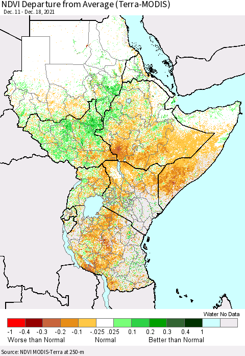 Eastern Africa NDVI Departure from Average (Terra-MODIS) Thematic Map For 12/11/2021 - 12/18/2021