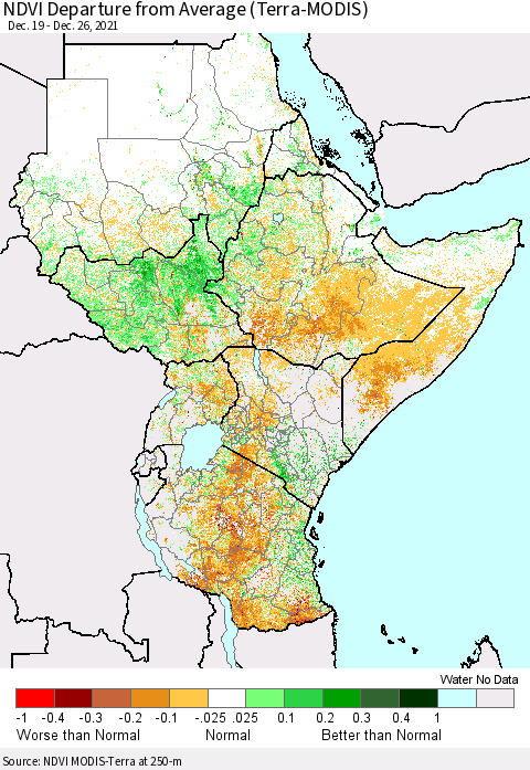 Eastern Africa NDVI Departure from Average (Terra-MODIS) Thematic Map For 12/19/2021 - 12/26/2021