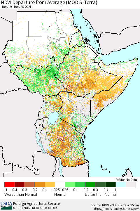 Eastern Africa NDVI Departure from Average (MODIS-Terra) Thematic Map For 12/21/2021 - 12/31/2021