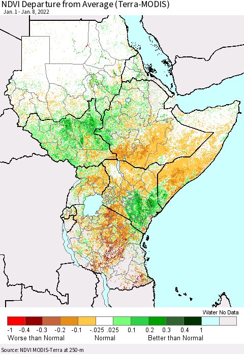 Eastern Africa NDVI Departure from Average (Terra-MODIS) Thematic Map For 1/1/2022 - 1/8/2022