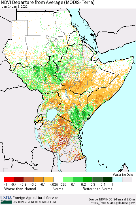 Eastern Africa NDVI Departure from Average (Terra-MODIS) Thematic Map For 1/1/2022 - 1/10/2022