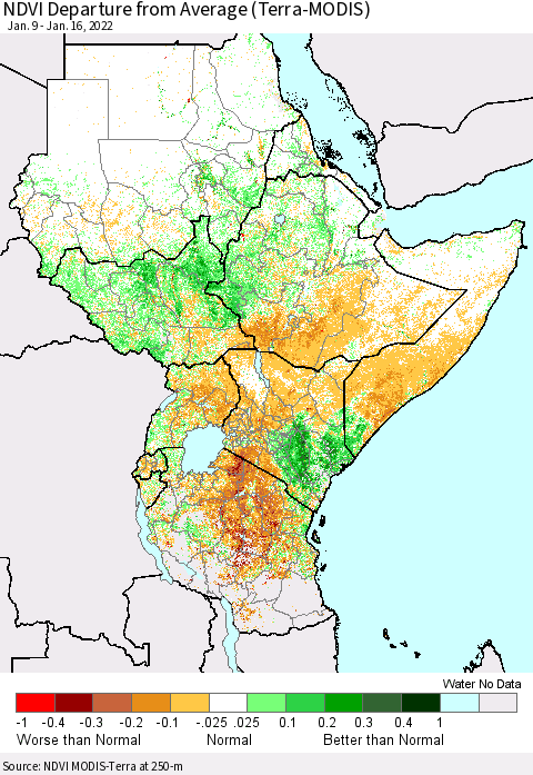 Eastern Africa NDVI Departure from Average (Terra-MODIS) Thematic Map For 1/9/2022 - 1/16/2022