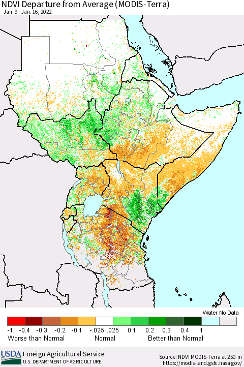 Eastern Africa NDVI Departure from Average (Terra-MODIS) Thematic Map For 1/11/2022 - 1/20/2022