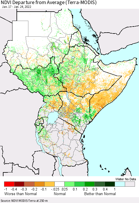 Eastern Africa NDVI Departure from Average (Terra-MODIS) Thematic Map For 1/17/2022 - 1/24/2022