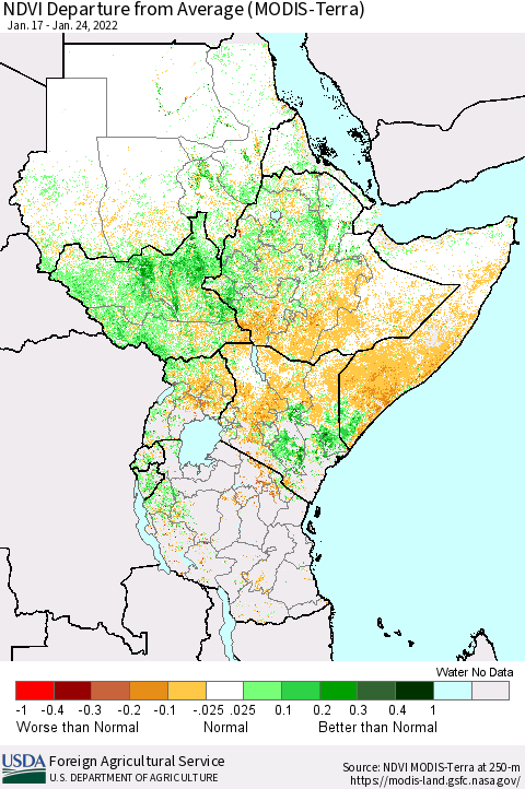 Eastern Africa NDVI Departure from Average (Terra-MODIS) Thematic Map For 1/21/2022 - 1/31/2022
