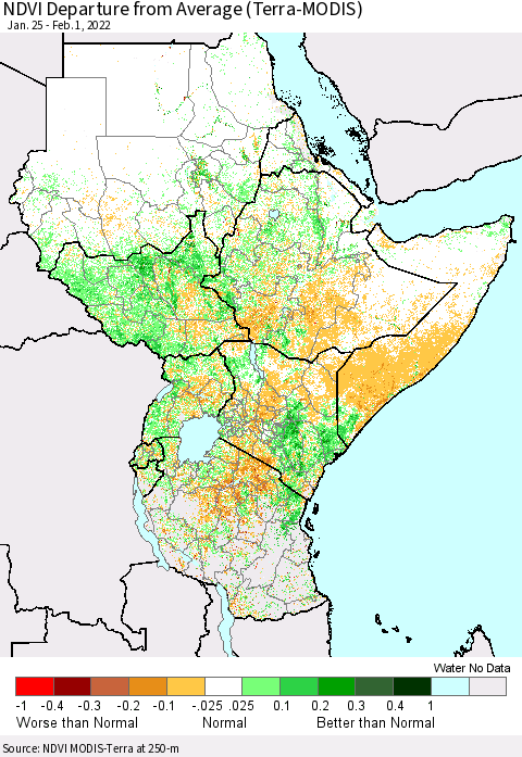 Eastern Africa NDVI Departure from Average (Terra-MODIS) Thematic Map For 1/25/2022 - 2/1/2022