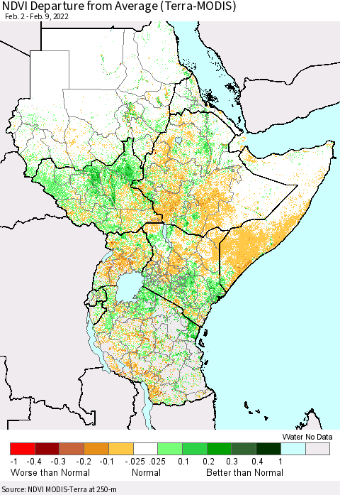 Eastern Africa NDVI Departure from Average (Terra-MODIS) Thematic Map For 2/2/2022 - 2/9/2022