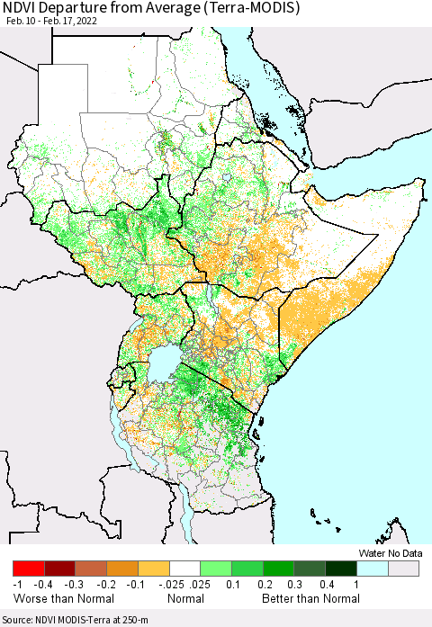 Eastern Africa NDVI Departure from Average (Terra-MODIS) Thematic Map For 2/10/2022 - 2/17/2022