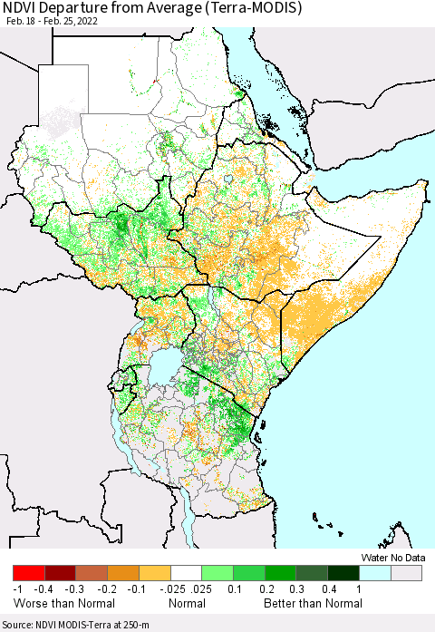Eastern Africa NDVI Departure from Average (Terra-MODIS) Thematic Map For 2/18/2022 - 2/25/2022