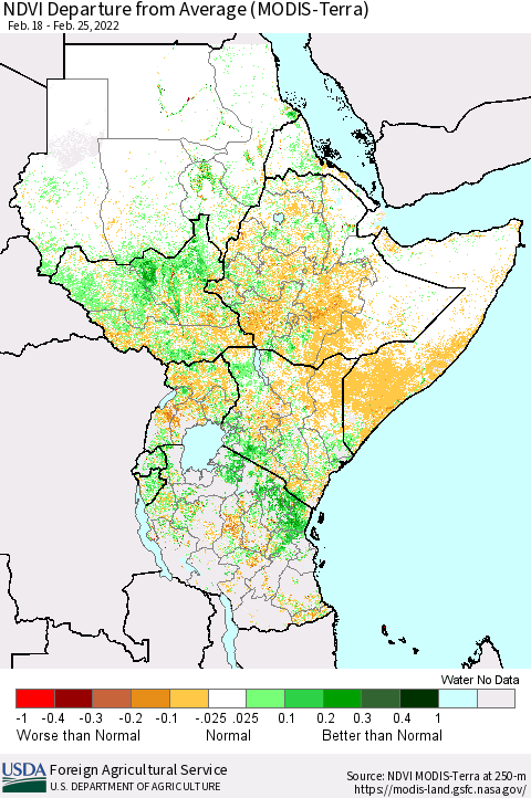 Eastern Africa NDVI Departure from Average (Terra-MODIS) Thematic Map For 2/21/2022 - 2/28/2022