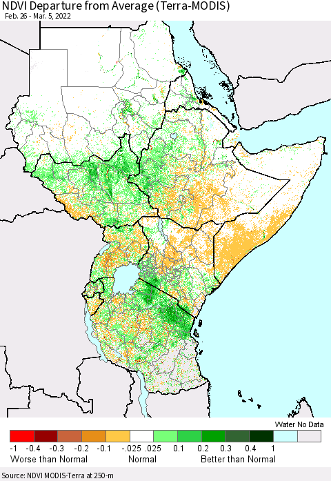Eastern Africa NDVI Departure from Average (Terra-MODIS) Thematic Map For 2/26/2022 - 3/5/2022