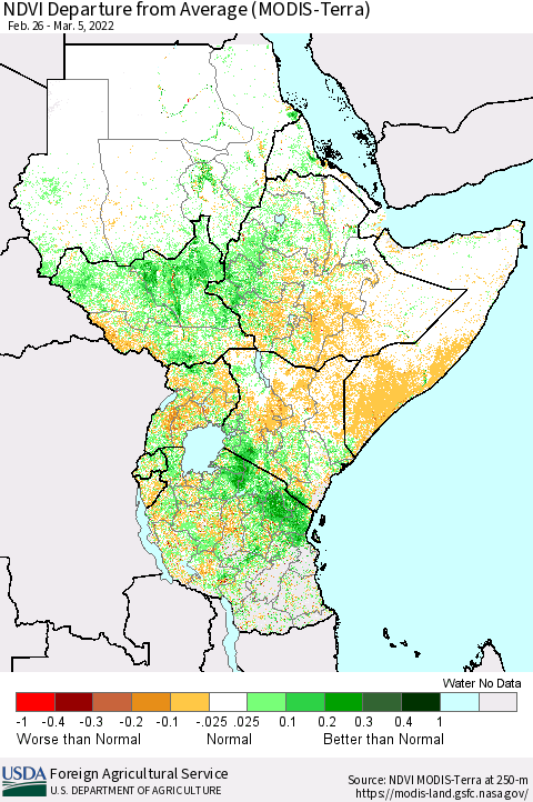 Eastern Africa NDVI Departure from Average (Terra-MODIS) Thematic Map For 3/1/2022 - 3/10/2022