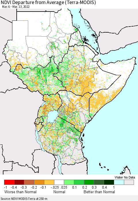 Eastern Africa NDVI Departure from Average (Terra-MODIS) Thematic Map For 3/6/2022 - 3/13/2022
