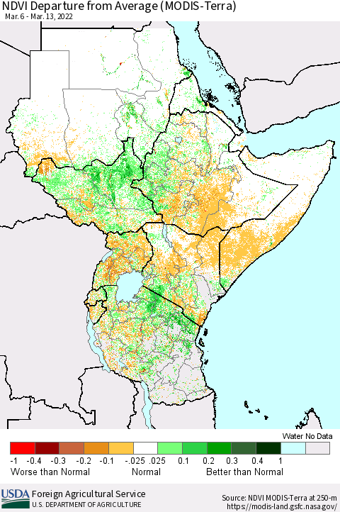 Eastern Africa NDVI Departure from Average (Terra-MODIS) Thematic Map For 3/11/2022 - 3/20/2022