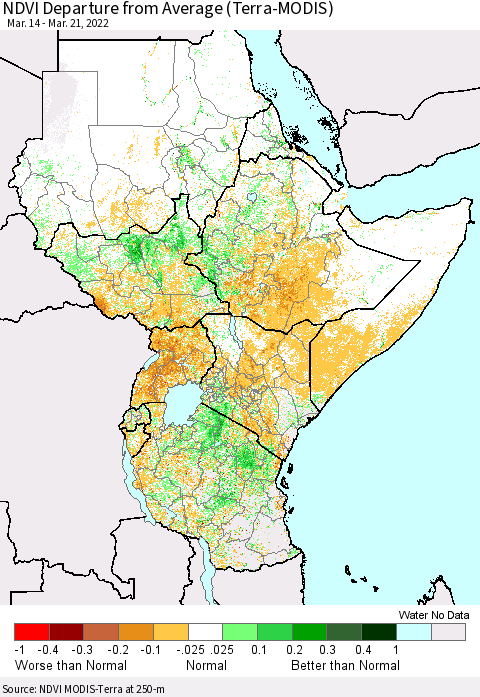 Eastern Africa NDVI Departure from Average (Terra-MODIS) Thematic Map For 3/14/2022 - 3/21/2022