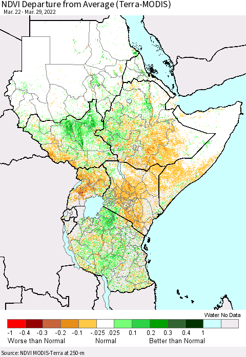 Eastern Africa NDVI Departure from Average (Terra-MODIS) Thematic Map For 3/22/2022 - 3/29/2022