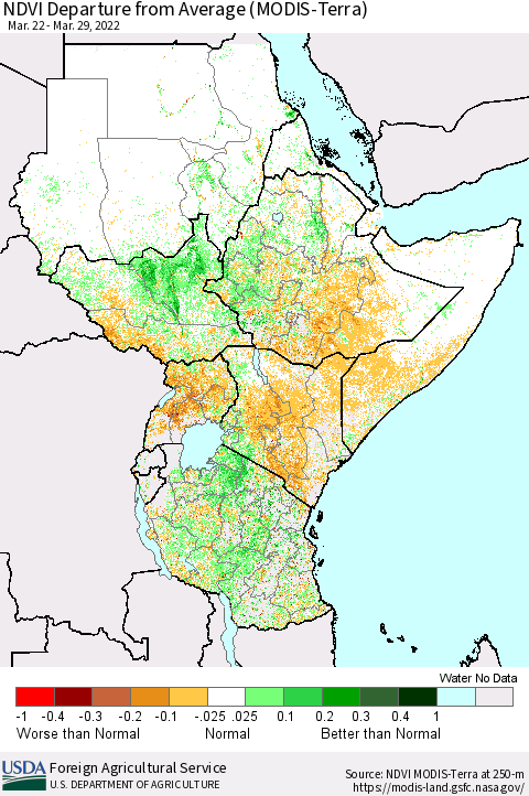 Eastern Africa NDVI Departure from Average (Terra-MODIS) Thematic Map For 3/21/2022 - 3/31/2022