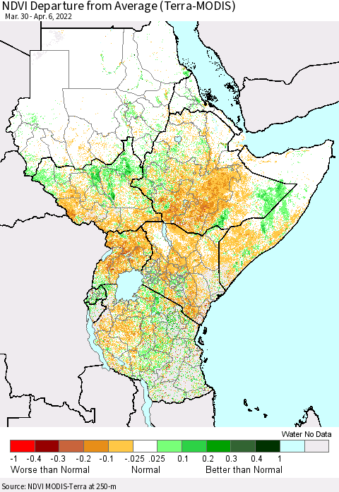 Eastern Africa NDVI Departure from Average (Terra-MODIS) Thematic Map For 3/30/2022 - 4/6/2022