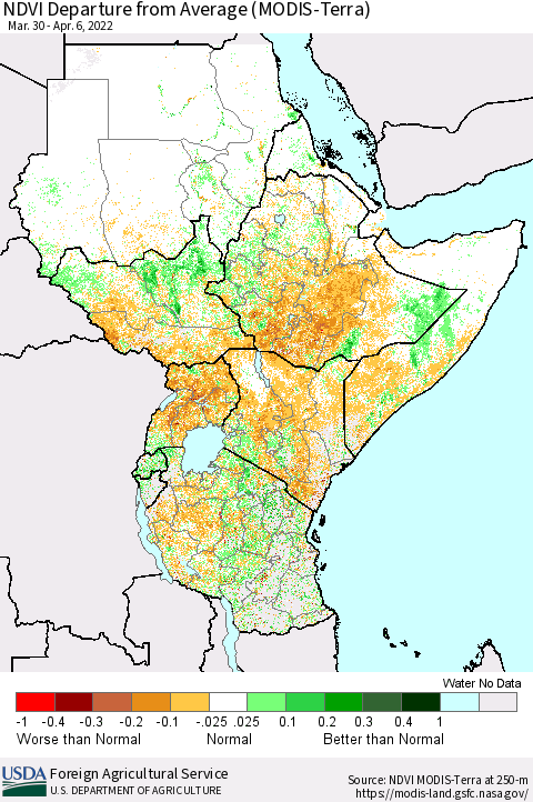 Eastern Africa NDVI Departure from Average (Terra-MODIS) Thematic Map For 4/1/2022 - 4/10/2022