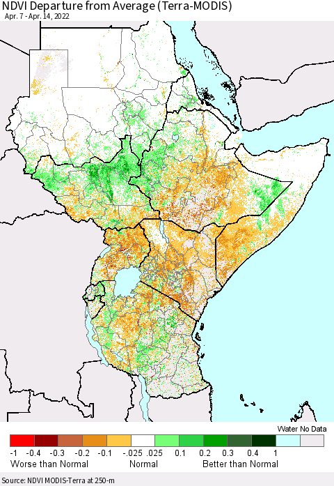 Eastern Africa NDVI Departure from Average (Terra-MODIS) Thematic Map For 4/7/2022 - 4/14/2022