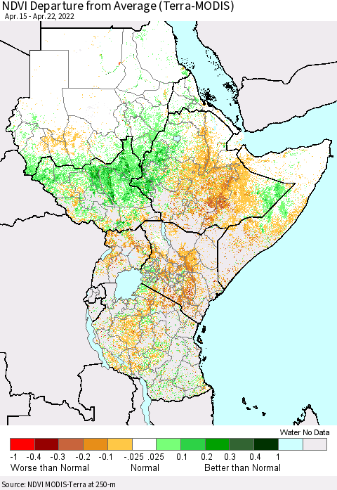 Eastern Africa NDVI Departure from Average (Terra-MODIS) Thematic Map For 4/15/2022 - 4/22/2022