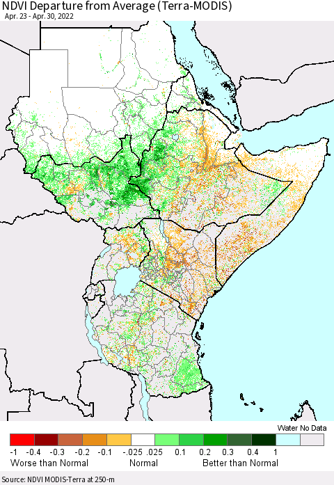 Eastern Africa NDVI Departure from Average (Terra-MODIS) Thematic Map For 4/23/2022 - 4/30/2022