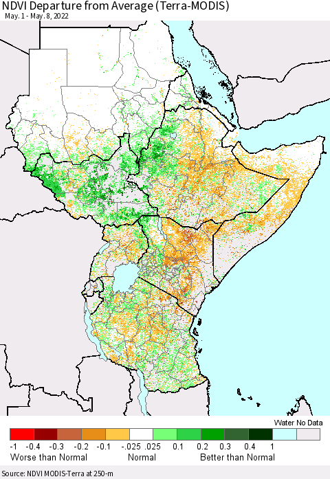 Eastern Africa NDVI Departure from Average (Terra-MODIS) Thematic Map For 5/1/2022 - 5/8/2022