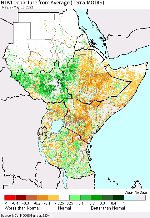 Eastern Africa NDVI Departure from Average (Terra-MODIS) Thematic Map For 5/9/2022 - 5/16/2022