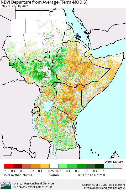 Eastern Africa NDVI Departure from Average (Terra-MODIS) Thematic Map For 5/11/2022 - 5/20/2022