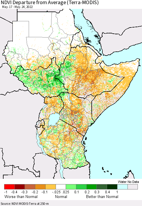 Eastern Africa NDVI Departure from Average (Terra-MODIS) Thematic Map For 5/17/2022 - 5/24/2022