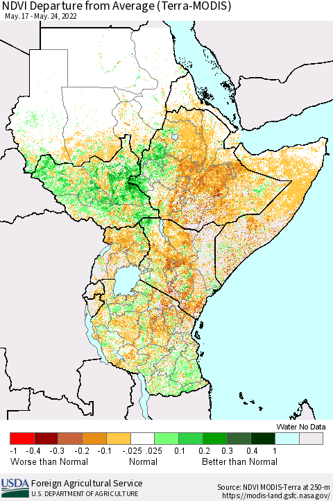 Eastern Africa NDVI Departure from Average (Terra-MODIS) Thematic Map For 5/21/2022 - 5/31/2022