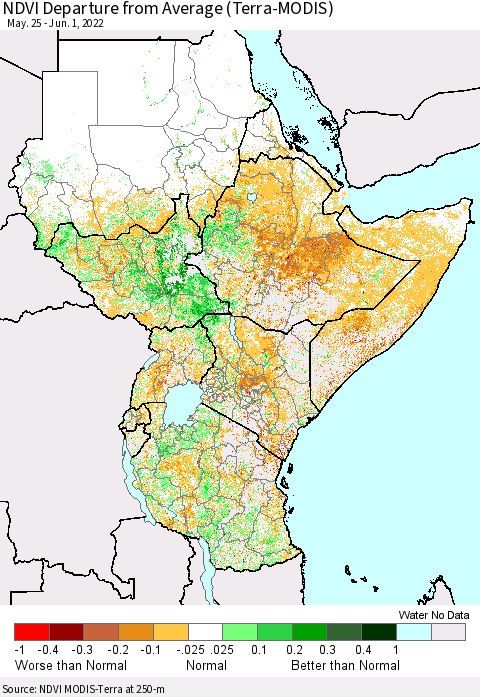 Eastern Africa NDVI Departure from Average (Terra-MODIS) Thematic Map For 5/25/2022 - 6/1/2022