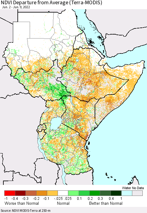 Eastern Africa NDVI Departure from Average (Terra-MODIS) Thematic Map For 6/2/2022 - 6/9/2022
