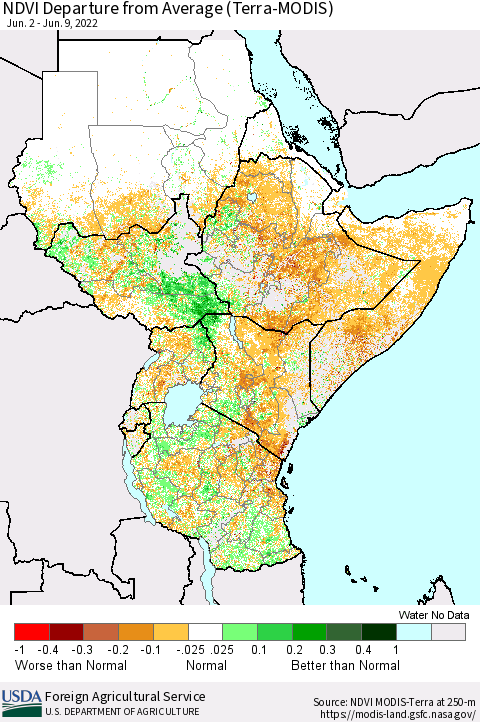 Eastern Africa NDVI Departure from Average (Terra-MODIS) Thematic Map For 6/1/2022 - 6/10/2022