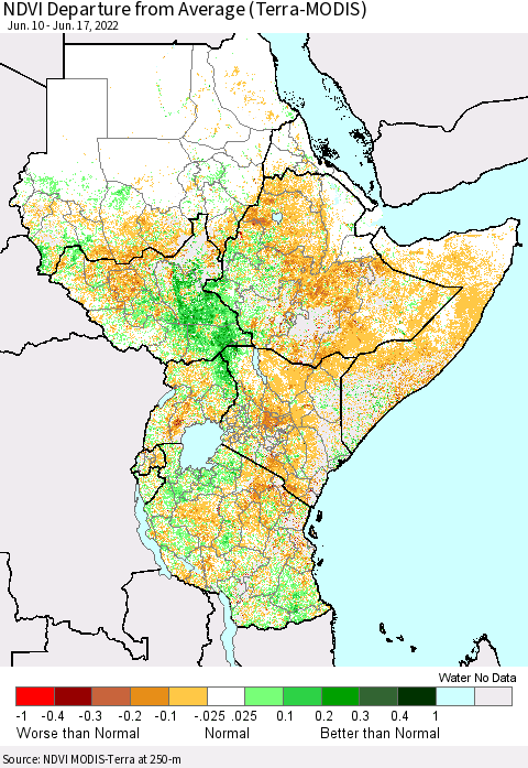 Eastern Africa NDVI Departure from Average (Terra-MODIS) Thematic Map For 6/10/2022 - 6/17/2022