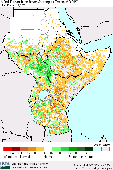 Eastern Africa NDVI Departure from Average (Terra-MODIS) Thematic Map For 6/11/2022 - 6/20/2022