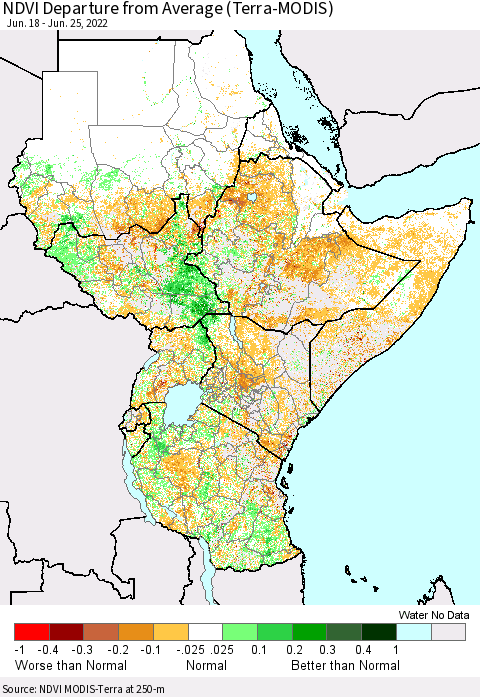 Eastern Africa NDVI Departure from Average (Terra-MODIS) Thematic Map For 6/18/2022 - 6/25/2022
